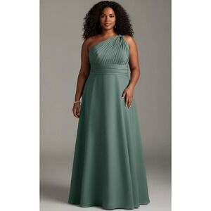 Azazie Charlize Eucalyptus Green One Shoulder Pleated Satin Maxi Gown A20 NEW